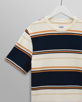 wax london men's Dean - Navy And Ecru Stripe Textured Organic Cotton T-Shirt