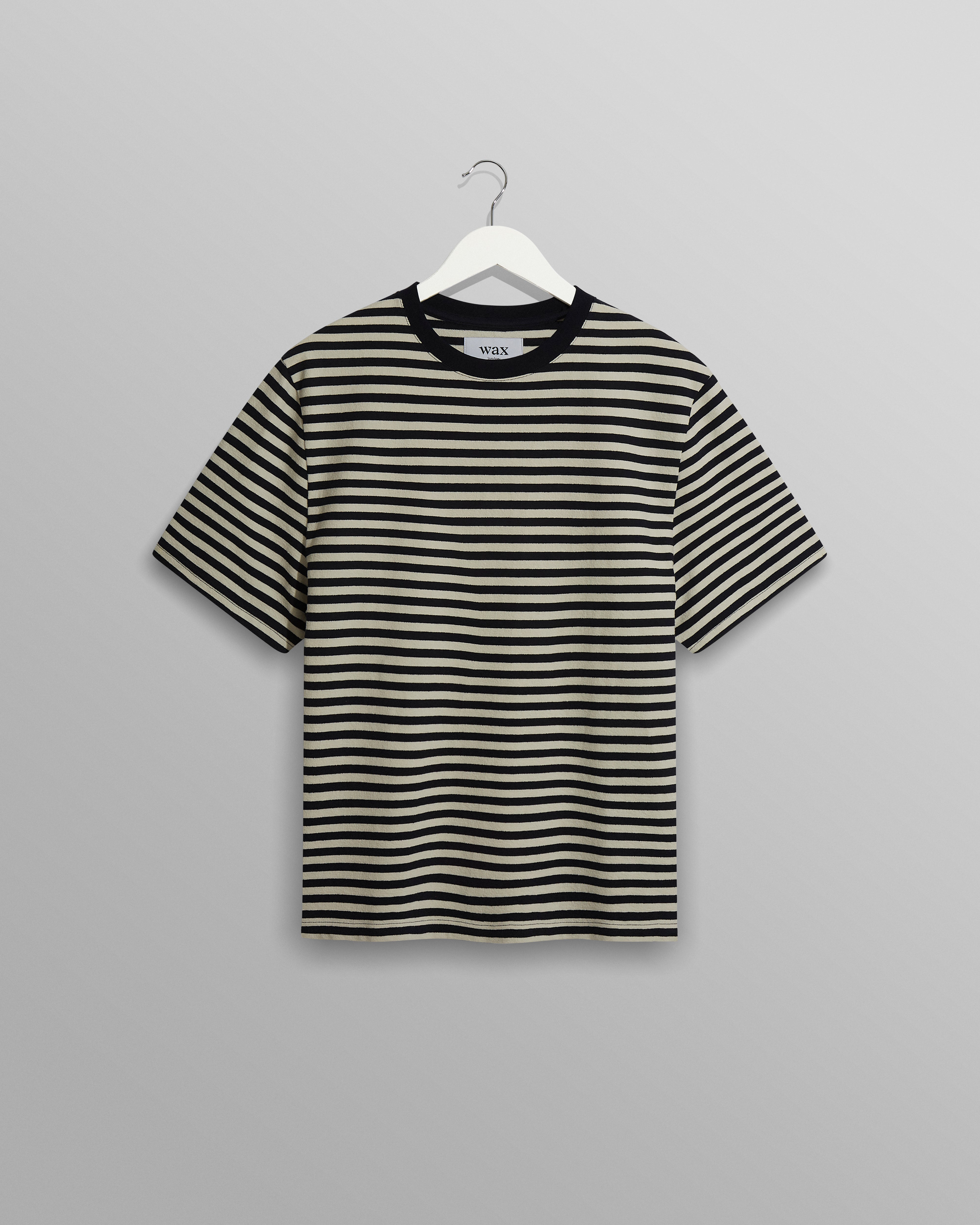 wax london men's Dean - Navy/Ecru Striped Textured Organic Cotton T-Shirt