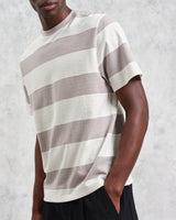 wax london men's Dean - Taupe Grey And Ecru Stripe Textured Organic Cotton T-Shirt