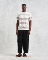wax london men's Dean - Taupe Grey And Ecru Stripe Textured Organic Cotton T-Shirt