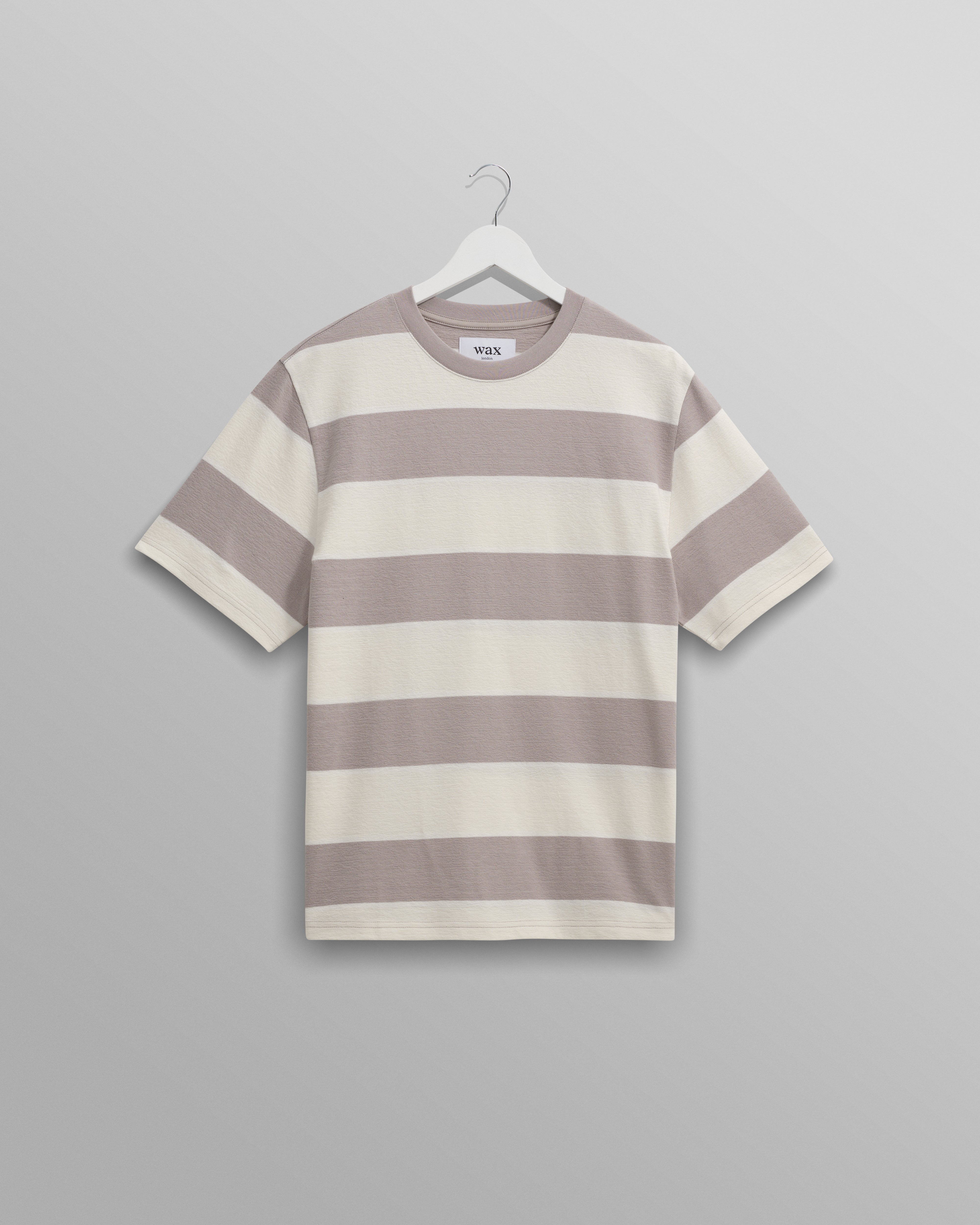 wax london men's Dean - Taupe Grey And Ecru Stripe Textured Organic Cotton T-Shirt