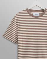 wax london men's Dean - Walnut/Ecru Striped Textured Organic Cotton T-Shirt