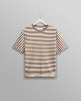 wax london men's Dean - Walnut/Ecru Striped Textured Organic Cotton T-Shirt