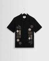 wax london men's Didcot - Black And Ecru Abstract Applique Short-Sleeve Shirt
