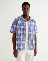 wax london men's Didcot - Blue And Ecru Corded Lace Short-Sleeve Shirt