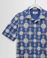 wax london men's Didcot - Blue And Ecru Corded Lace Short-Sleeve Shirt