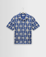 wax london men's Didcot - Blue And Ecru Corded Lace Short-Sleeve Shirt