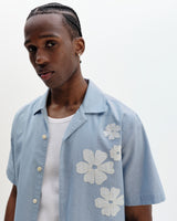 Didcot - Blue And Ecru Floral Applique Short-Sleeve Shirt