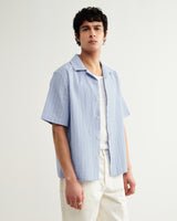 wax london men's Didcot - Blue And Ecru Seersucker Stripe Short-Sleeve Shirt