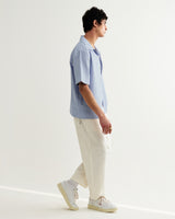 wax london men's Didcot - Blue And Ecru Seersucker Stripe Short-Sleeve Shirt