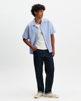 wax london men's Didcot - Blue And Ecru Seersucker Stripe Short-Sleeve Shirt