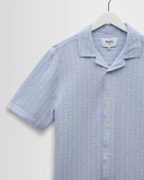 wax london men's Didcot - Blue And Ecru Seersucker Stripe Short-Sleeve Shirt