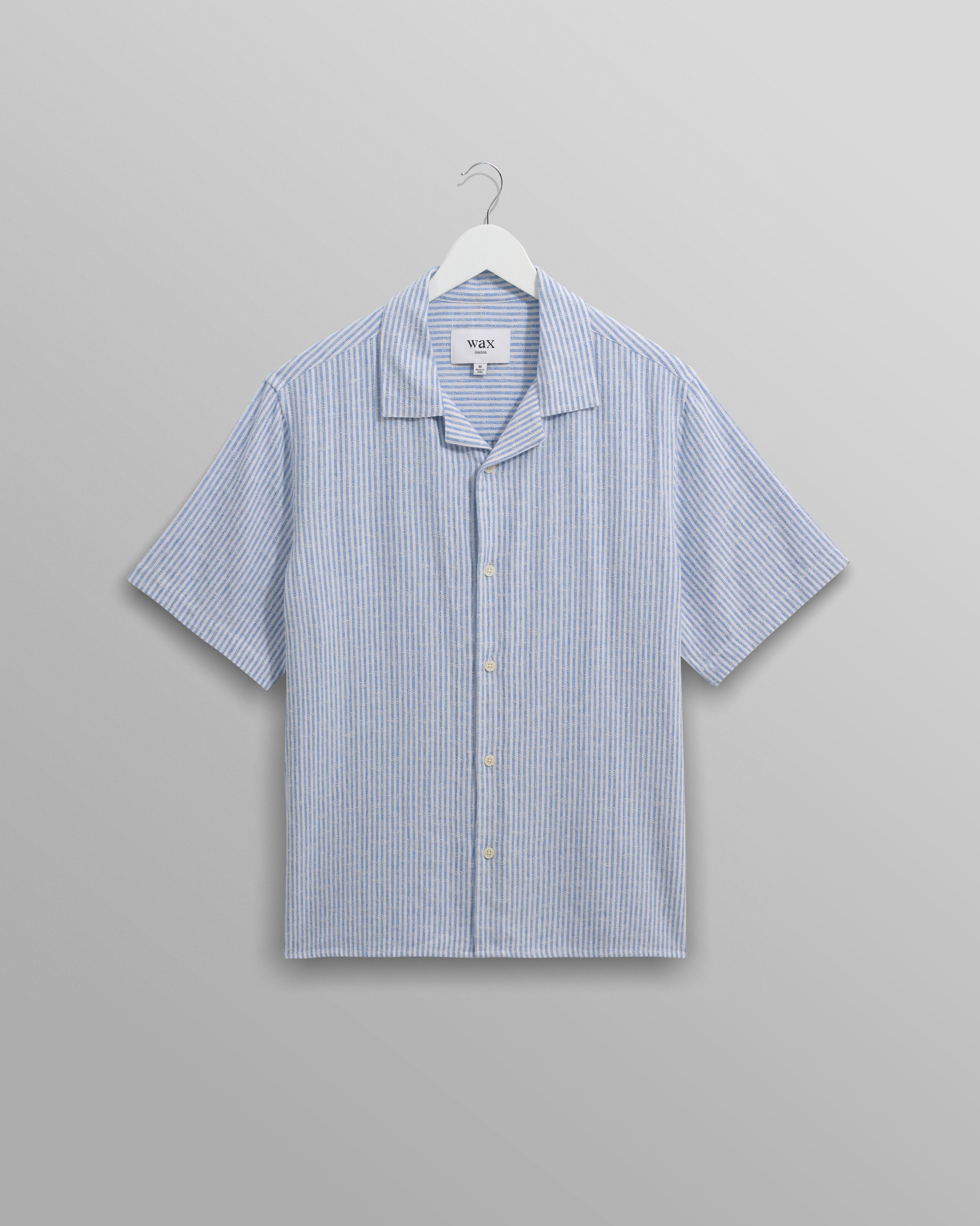 wax london men's Didcot - Blue And White Textured Stripe Short-Sleeve Shirt