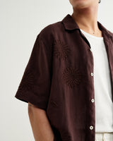 wax london men's Didcot - Brown Flower Embroidered Short-Sleeve Shirt