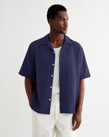 wax london men's Didcot - Dark Blue Double-Weave Seersucker Short-Sleeve Shirt