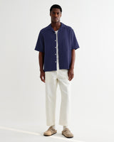 wax london men's Didcot - Dark Blue Double-Weave Seersucker Short-Sleeve Shirt