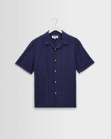 wax london men's Didcot - Dark Blue Double-Weave Seersucker Short-Sleeve Shirt