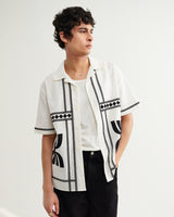 wax london men's Didcot - Ecru And Black Border Applique Short-Sleeve Shirt