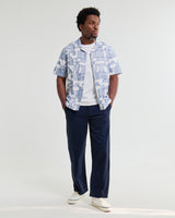 wax london men's Didcot - Ecru And Blue Geometric Embroidered Short-Sleeve Shirt