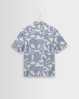 wax london men's Didcot - Ecru And Blue Geometric Embroidered Short-Sleeve Shirt