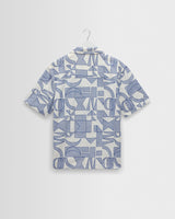 wax london men's Didcot - Ecru And Blue Geometric Embroidered Short-Sleeve Shirt