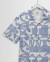wax london men's Didcot - Ecru And Blue Geometric Embroidered Short-Sleeve Shirt