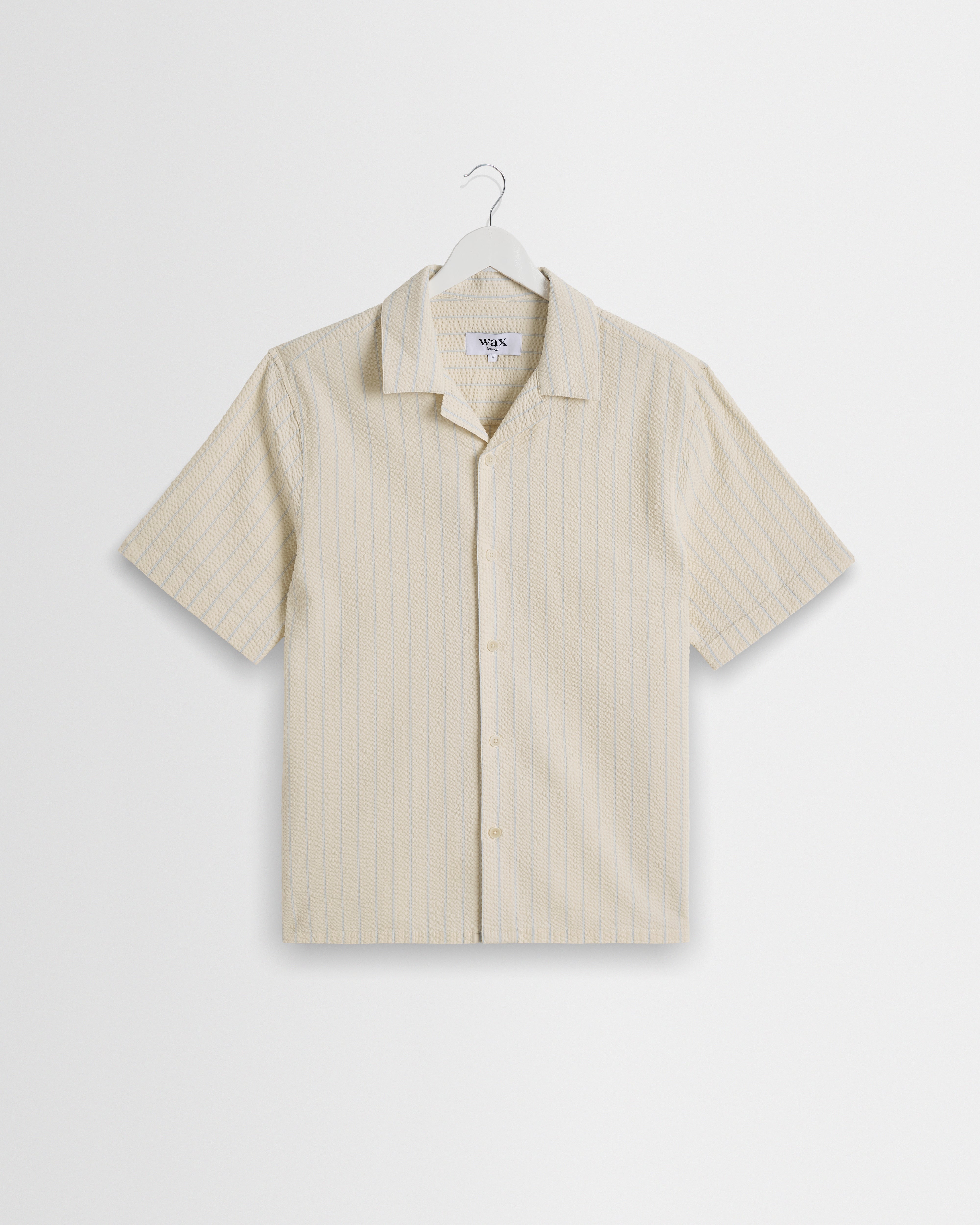 Men's Ecru And Blue Seersucker Short-Sleeve Shirt | Wax London