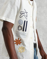 wax london men's Didcot - Ecru And Multicolour Abstract Appliqué Short-Sleeve Shirt