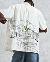 wax london men's Didcot - Ecru And Multicolour Embroidered Short-Sleeve Shirt