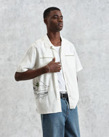 wax london men's Didcot - Ecru And Multicolour Embroidered Short-Sleeve Shirt