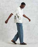 wax london men's Didcot - Ecru And Multicolour Embroidered Short-Sleeve Shirt