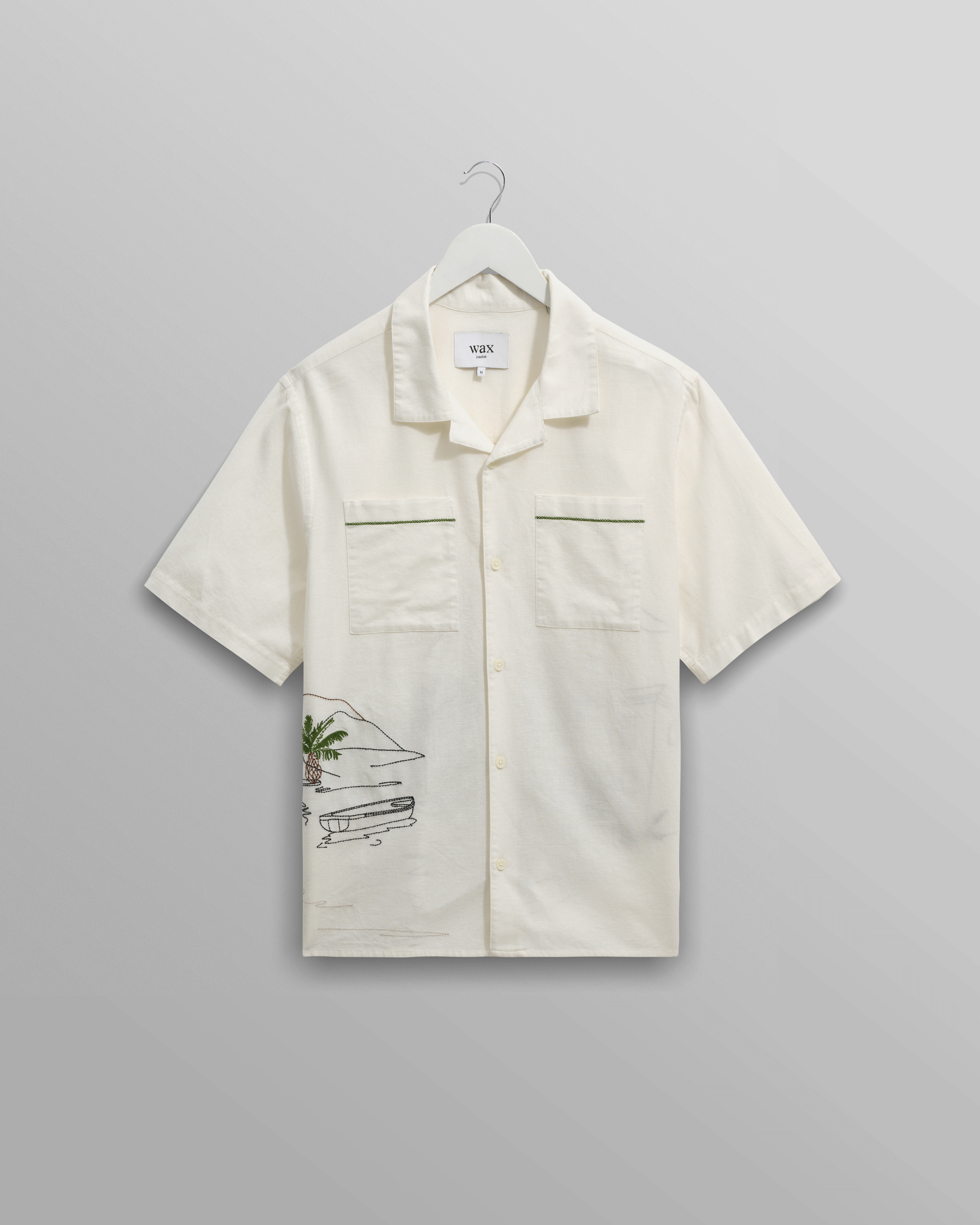 wax london men's Didcot - Ecru And Multicolour Embroidered Short-Sleeve Shirt