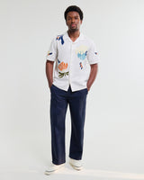 wax london men's Didcot - Ecru And Multicolour Flower Embroidered Short-Sleeve Shirt