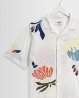 wax london men's Didcot - Ecru And Multicolour Flower Embroidered Short-Sleeve Shirt