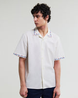 wax london men's Didcot - Ecru Cross-Stitch Border Short-Sleeve Shirt