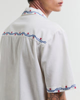 wax london men's Didcot - Ecru Cross-Stitch Border Short-Sleeve Shirt