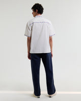 wax london men's Didcot - Ecru Cross-Stitch Border Short-Sleeve Shirt