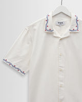 wax london men's Didcot - Ecru Cross-Stitch Border Short-Sleeve Shirt