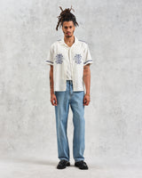 wax london men's Didcot - Ecru Motif Embroidered Short-Sleeve Shirt