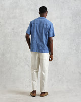 wax london men's Didcot - Mid-Blue Seersucker Cotton Short-Sleeve Shirt