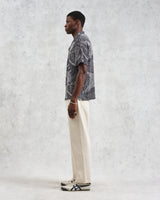 wax london men's Didcot - Navy And Ecru Abstract Print Short-Sleeve Shirt