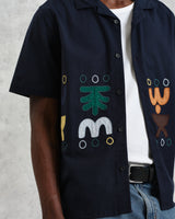 wax london men's Didcot - Navy And Multicolour Bold Doodle Appliqué Short-Sleeve Shirt