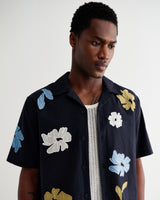 wax london men's Didcot - Navy And Multicolour Floral Applique Short-Sleeve Shirt