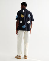 wax london men's Didcot - Navy And Multicolour Floral Applique Short-Sleeve Shirt