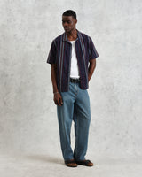 wax london men's Didcot - Navy And Multicolour Stripe Dobby Cotton Short-Sleeve Shirt