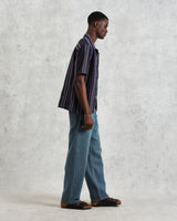 wax london men's Didcot - Navy And Multicolour Stripe Dobby Cotton Short-Sleeve Shirt