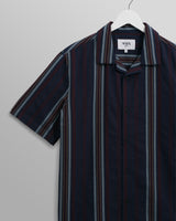 wax london men's Didcot - Navy And Multicolour Stripe Dobby Cotton Short-Sleeve Shirt