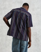 wax london men's Didcot - Navy And Multicolour Stripe Dobby Cotton Short-Sleeve Shirt