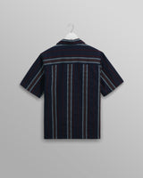 wax london men's Didcot - Navy And Multicolour Stripe Dobby Cotton Short-Sleeve Shirt