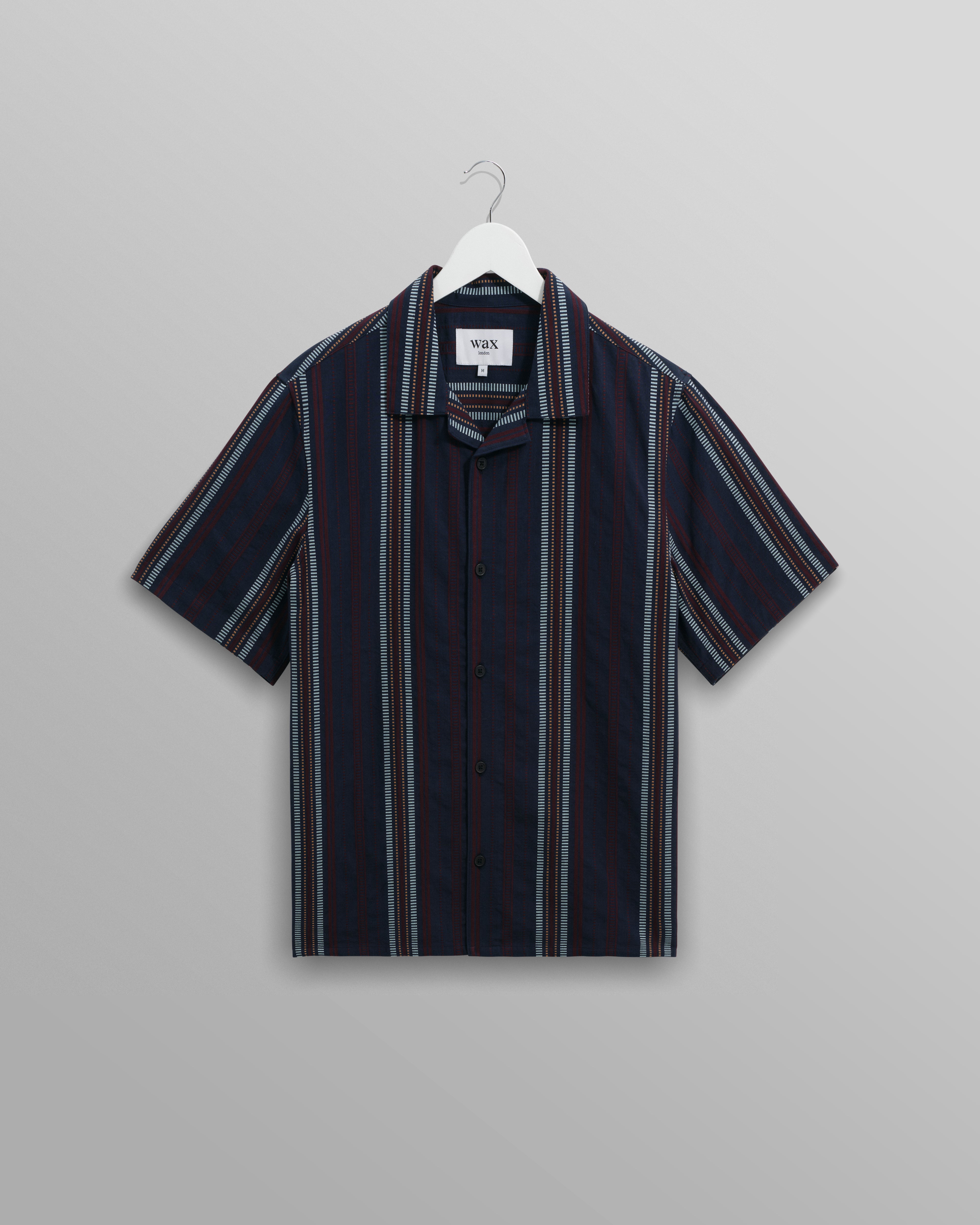 wax london men's Didcot - Navy And Multicolour Stripe Dobby Cotton Short-Sleeve Shirt